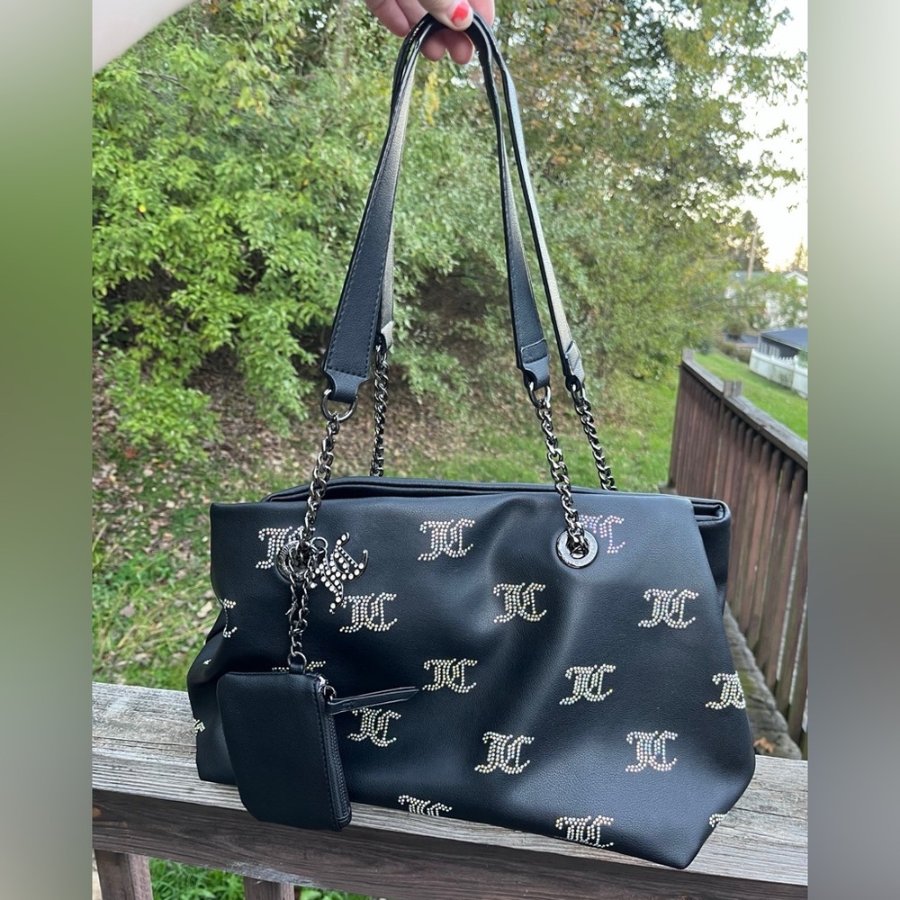 Juicy Couture Black Leather Purse/ Tote Bag with Rhinestones w/ Small Pouch